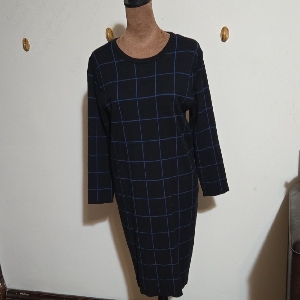 B60 Anne Klein Black and Blue Grid Long Sleeve Sweater Dress Sz Md Scoop Neck - Picture 4 of 13